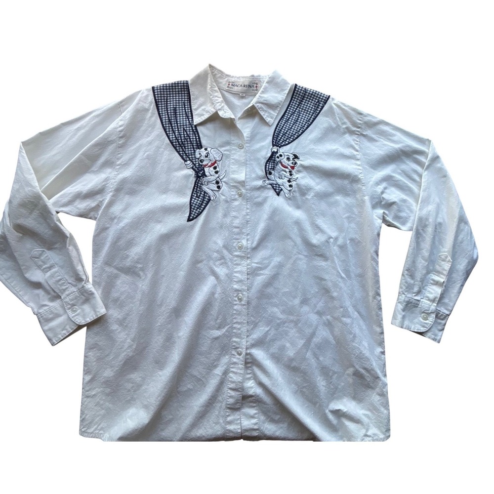 Vintage Maca-Rena XL Dalmatian Puppy Embroidery Gingham Button Down Shirt